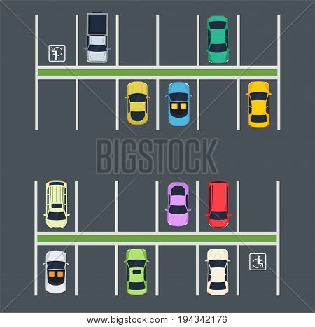 Parking place with cars. Top view of city parking zone.