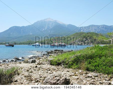 beautiful bay and beach with yachts kemer turkey