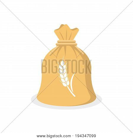 Bag of grain is isolated on a white background in flat style. Vector design illustration. Closed bag with wheat spike. Brown big package with flour tied with a rope.