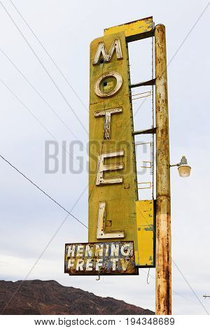 Ludlow California USA - October 29 2015:The Bagdad Cafe from the 1960s along Route 66 in the Mojave Desert that was made famous upon the release of the 1987 German film under the same name.