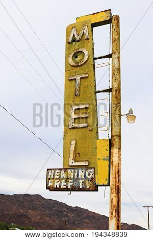 Ludlow California USA - October 29 2015:The Bagdad Cafe from the 1960s along Route 66 in the Mojave Desert that was made famous upon the release of the 1987 German film under the same name.