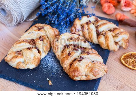 marple and pecan plait pastry sweet food breakfast with lavender flowers