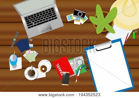 Top view of holiday planning aids are laid on a wooden table. Blank paper in right side of the vector is ready for your text