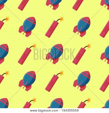 Bomb dynamite fuse vector illustration seamless pattern grenade attack power ball burning detonation. Explosion fire military destruction design aggression object.