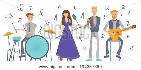 Jazz Music band playing the song. Drummer, singer, guitarist and flutist. Vector illustration, isolated on white background.