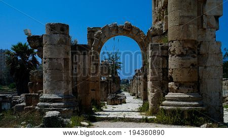 Remains of ancient columns at Al Mina excavation site at Tyre Lebanon