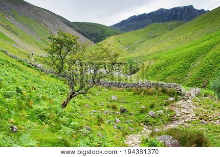 Views on the path to Scafell pike, the highest mountain in England, Lake District National Park, England, selective focus