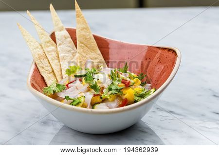 Fresh Mango Salsa with raw fish filet in brown plate on marbel desk