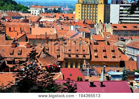 Roofs in downtown. Typical urban landscape of the city Brasov, a town situated in Transylvania, Romania, in the center of the country.