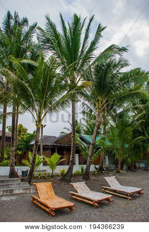 Sunbeds And Palm Trees On The Beach Against The Sea. Pandan, Panay, Philippines.