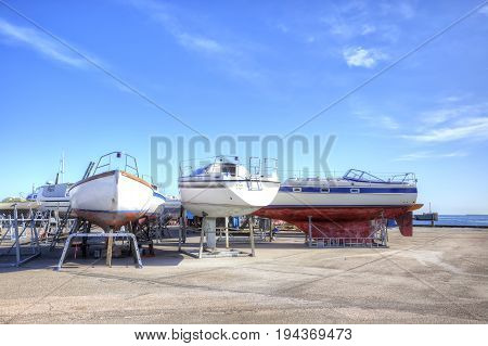 Drager Denmark - May 02.2013: Parking of boats on the shore of the Baltic sea