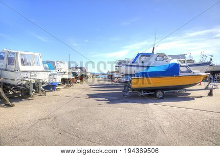 Drager Denmark - May 02.2013: Parking of boats on the shore of the Baltic sea