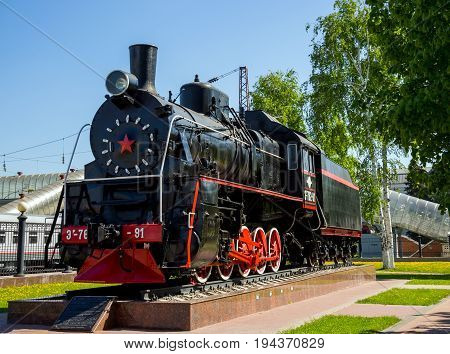 Voronezh, Russia - June 05, 2017: Monument to the locomotive of the Ayr series in the park at the railway station of the Voronezh station