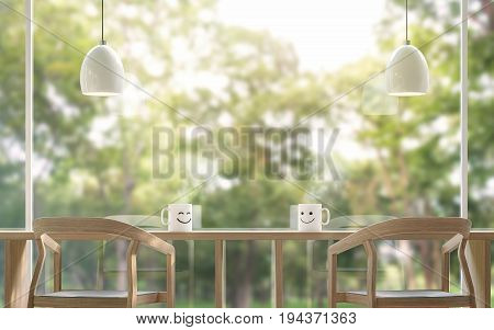 Smile Coffee cup in the morning with blur background 3d rendering image.The coffee table is located by the large window Overlooking to the nature. There is a wooden table and chair