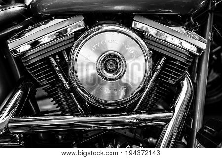 BERLIN - JUNE 17 2017: Engine of motorcycle Harley-Davidson close-up. Black and white. Classic Days Berlin 2017.