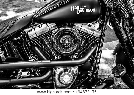 BERLIN - JUNE 17 2017: Engine of motorcycle Harley-Davidson close-up. Black and white. Classic Days Berlin 2017.