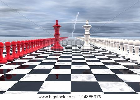 3d illustration: military-political concept. Chess field with figures of kings, leaders of their troops, red white colors are lined up opposite each other. On the background of gloomy sky lightning.