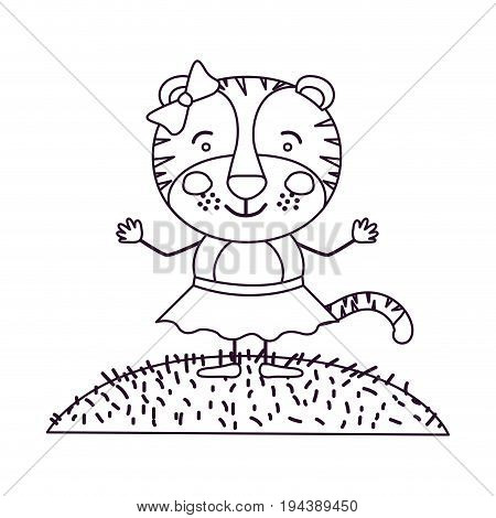 sketch contour scene sky landscape and grass with caricature cute expression female tigress in skirt with bow lace vector illustration