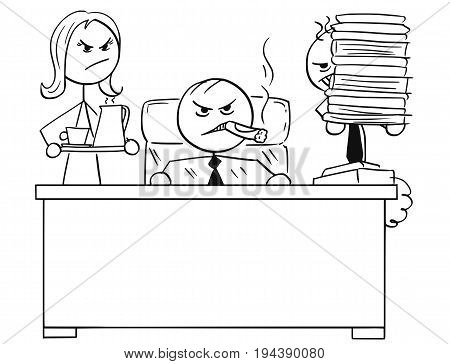 Cartoon vector stick man stickman drawing of angry boss with big cigar sitting behind his desk with male assistant and female secretary behind him.