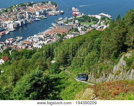 Impressive Bergen's harbor view and the funicular or Floibanen heading to the top of Mount Floyen, Bergen, Norway