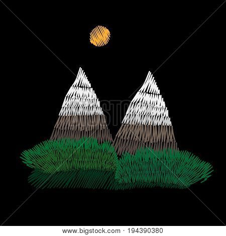 Mountains and green bushes embroidery stitches imitation on black background. Mountain landscape embroidery vector illustration. Vector isolated mountains.