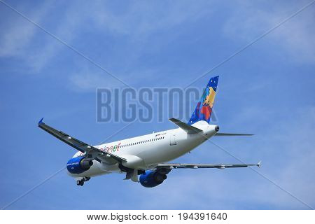 Amsterdam the Netherlands - May 6th 2017: D-ABDB Small Planet Airlines Germany Airbus A320 takeoff from Polderbaan runway Amsterdam Schiphol Airport