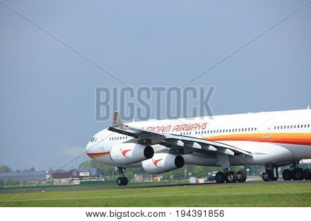 Amsterdam the Netherlands - May 6th 2017: PZ-TCR Surinam Airways Airbus A340-300 takeoff from Polderbaan runway Amsterdam Schiphol Airport