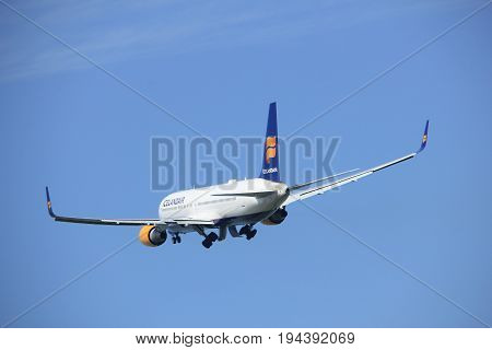 Amsterdam the Netherlands - May 6th 2017: TF-ISN Icelandair Boeing 767-300 takeoff from Polderbaan runway Amsterdam Schiphol Airport