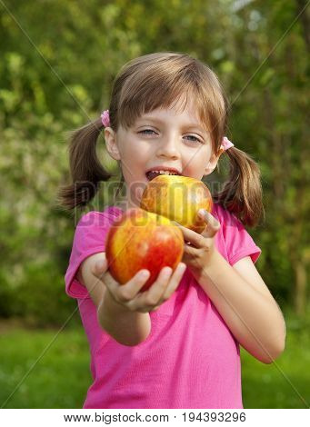little girl eating apples in the garden