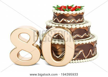 Chocolate Birthday cake with golden number 80 3D rendering isolated on white background