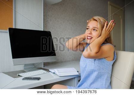Serious Young Woman In Blue Dress Have Headache