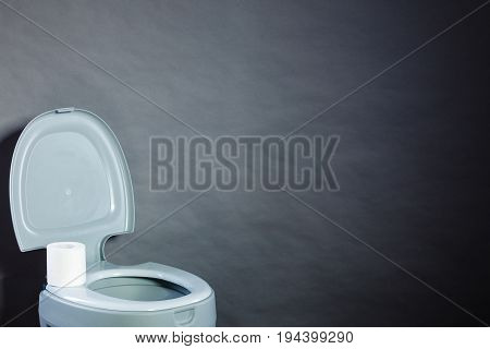 Open portable toilet bowl with paper roll copy space for text