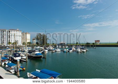 Beautiful scene of yachts docked at the sheltered harbour at Port Dickson Malaysia