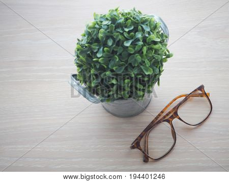 wood office table with modern eyeglasses and small tree on flower pot selected focus on eyeglasses. view from top office table.
