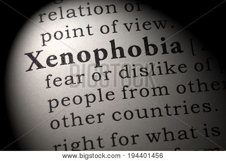 Fake Dictionary Dictionary definition of the word xenophobia. including key descriptive words.