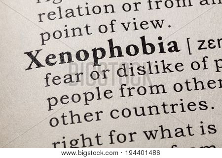 Fake Dictionary Dictionary definition of the word xenophobia. including key descriptive words.