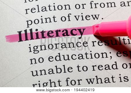 Fake Dictionary Dictionary definition of the word illiteracy. including key descriptive words.
