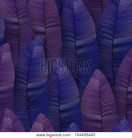 Seamless tropical pattern with violet banana leaves. Vector illustration. Indigo exotic leaf background