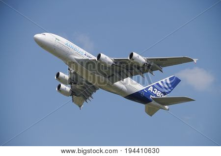 BERLIN, GERMANY - JUNE 11, 2010. Demo flight of the Airbus A380 at the Internationale Luftfahrt Ausstelling, ILA in Berlin on June 11. The A380 is the largest passenger airliner in the world.