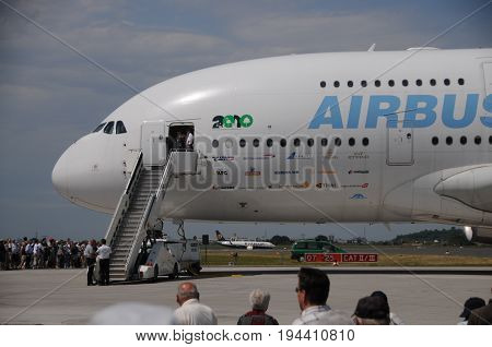 BERLIN, GERMANY - JUNE 11, 2010. Demo flight of the Airbus A380 at the Internationale Luftfahrt Ausstelling, ILA in Berlin on June 11. The A380 is the largest passenger airliner in the world.