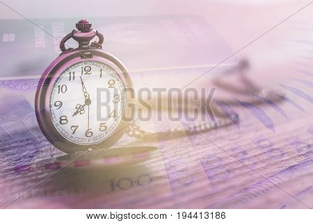 pocket watch over yuan banknotes with double exposure effect time is money business and finance concept