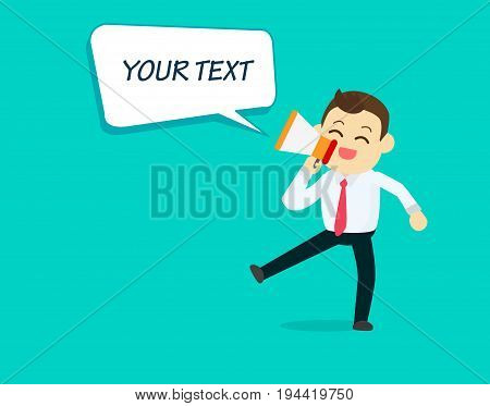 Businessman with megaphone and speech text box.Business concept.happy character talking loudspeaker with text box vector illustration.