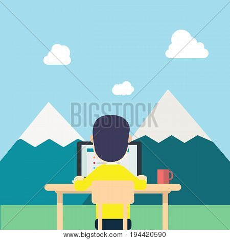 Back Young man yellow shirt work around nature with tab work screen on computerlaptop and red cup on table.illustration man work in naturefield mountainsclouds and sky.Concept work to relax.