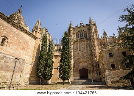 View of Salamanca Cathedral. The Old city of Salamanca is declared by UNESCO a World Heritage Site. Exterior image shot from public floor.