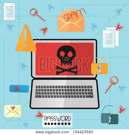 Laptop with a skull on the screen in a flat styleThe Internet virus infected the computer. Hacker Attack