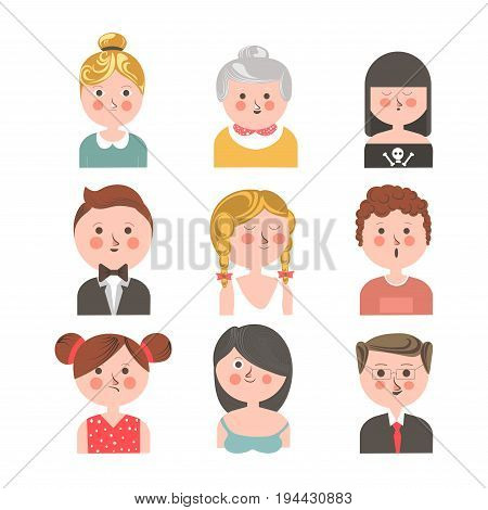 People of various ages portraits collection isolated on white. Vector colorful poster of senior and young men and women demonstrating emotions of pleasure and happiness or disagreement in flat design