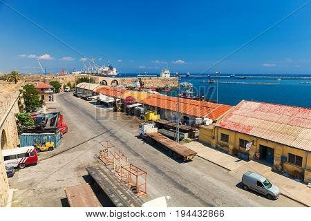 FAMAGUSTA (Gazimagusa) NORTHERN CYPRUS - MAY 24 2014: View on the Famagusta Port from The Old town wall of Famagusta (Gazimagusa)