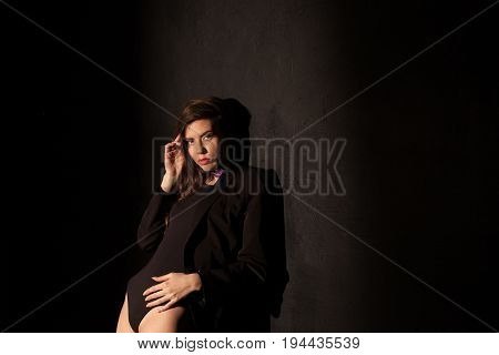 sexy girl in underwear and jacket is black wall 1