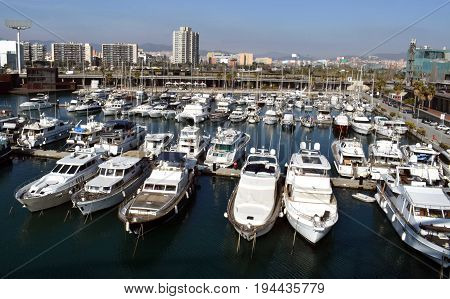 Ships yachts tied in the port of Besós's Sant Adriá