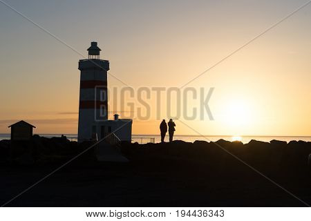 Sunset at the Gardur Lighthouse in Iceland